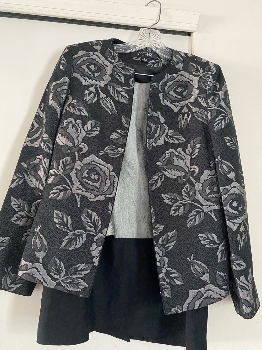 Kasper Black Blazer with Gray Floral Jacquard/Gray sleeveless vest/black skirt